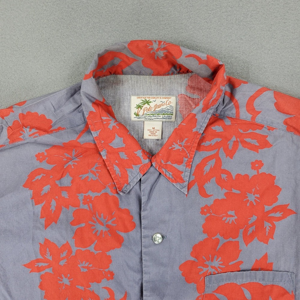 Polo Jeans Co Hawaiian Shirt Mens M Blue‎ Red Floral Hibiscus Cotton Camp Button